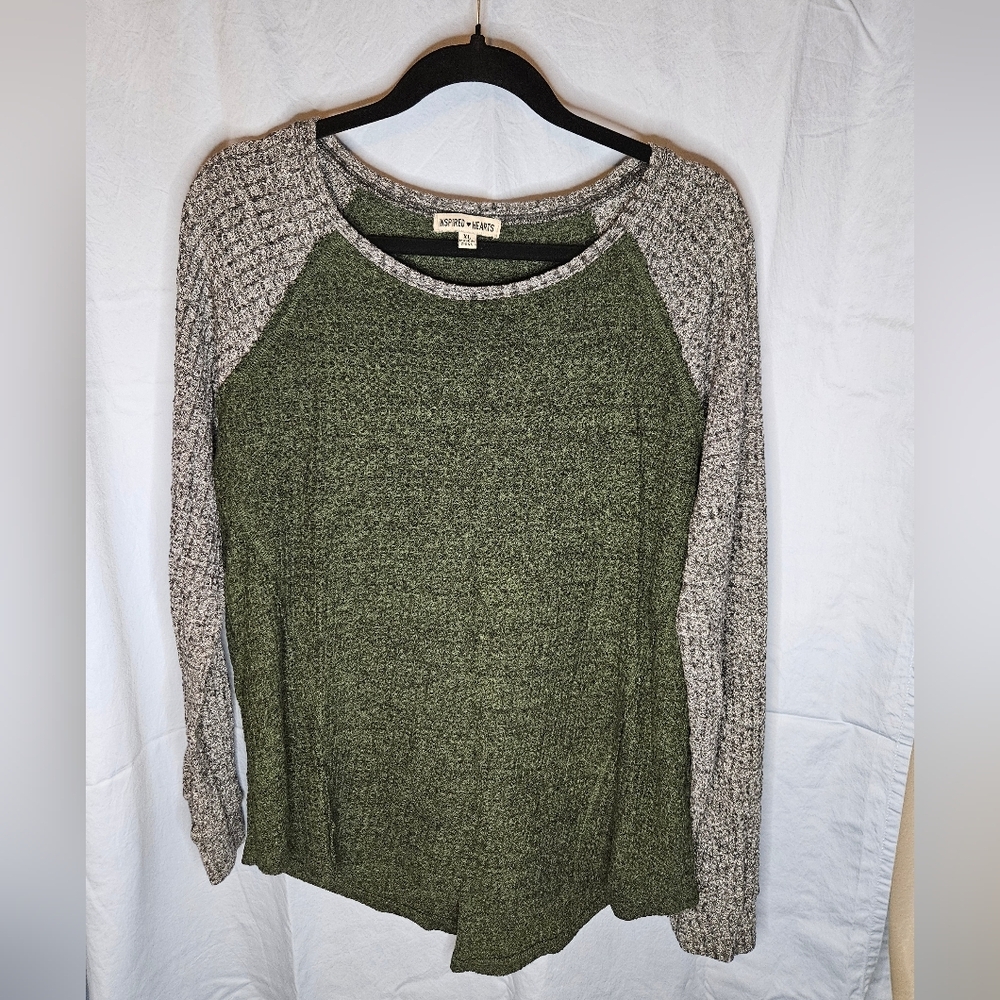 Inspired Hearts Waffle-Knit Long Sleeve Top in Green/Gray - Size XL